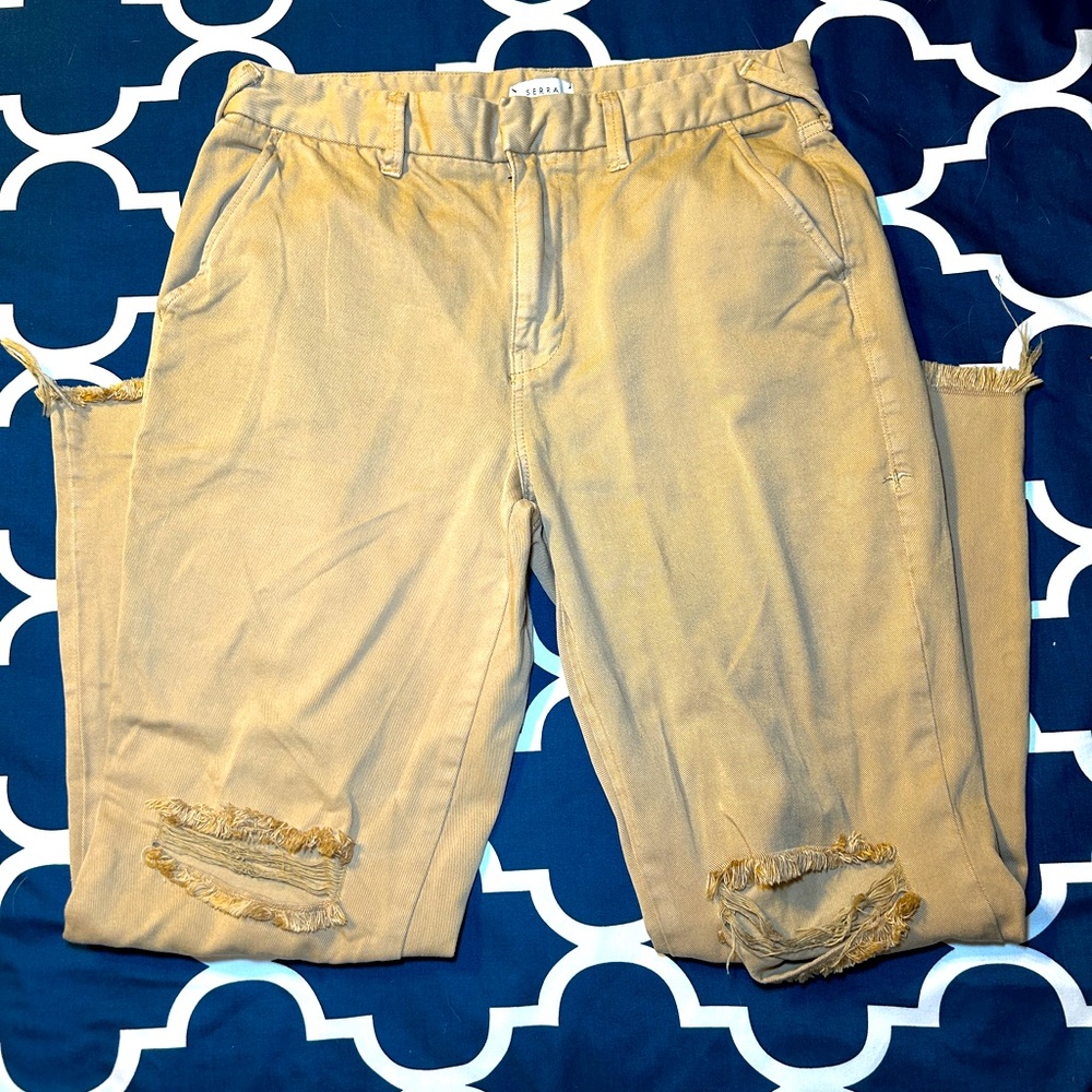 EUc Serra Retreat Tan Distressed Kick Crop Pants 4